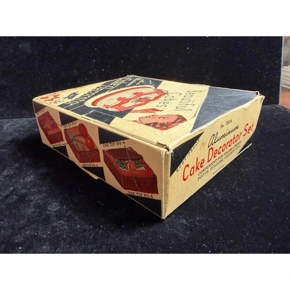 Vintage Aluminum Cake Decorator Set- Icing Syringe, 6 Metal Tips, Original Box